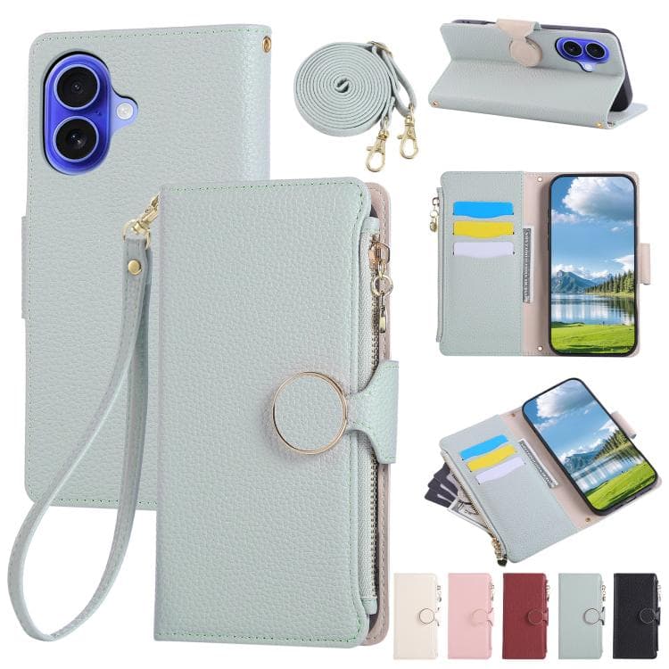 For iPhone 16 Round Buckle Zipper Wallet Leather Phone Case with Crossbody Strap(Sky Blue) - Immagine 1