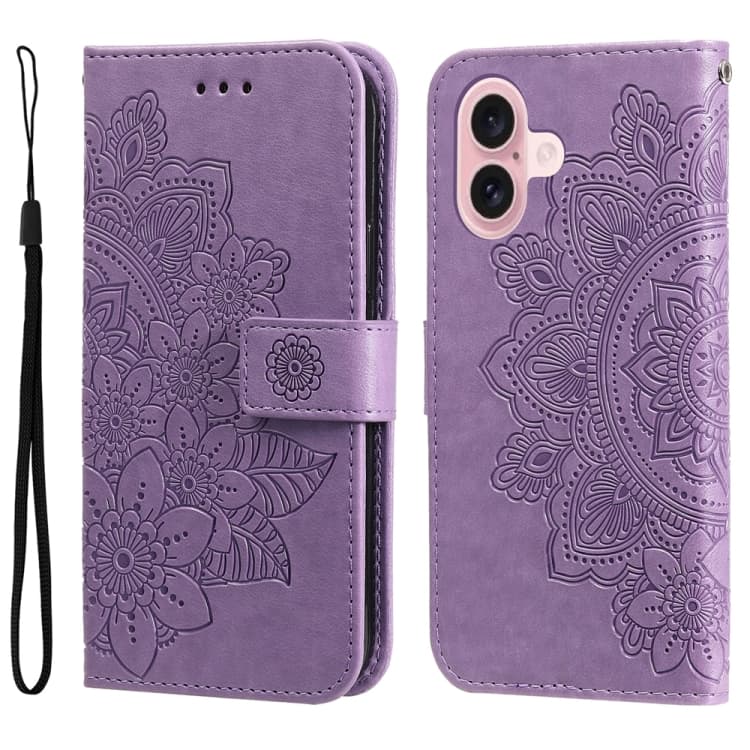 Fondina in pelle con fiori a sette petali per iPhone 16 (viola chiaro) - Immagine 1