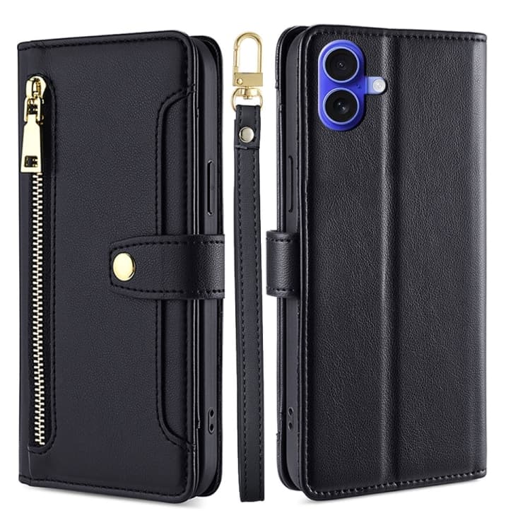 For iPhone 16 Sheep Texture Cross-body Zipper Wallet Leather Phone Case(Black) - Immagine 1