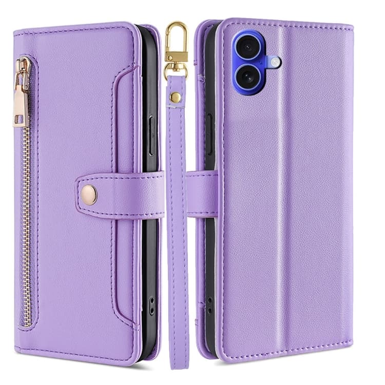For iPhone 16 Sheep Texture Cross-body Zipper Wallet Leather Phone Case(Purple) - Immagine 1