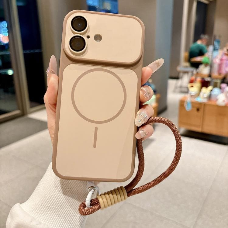 For iPhone 16 Shield Contrast Color Magnetic Phone Case with Lens Protector and Wrist Strap(Gold) - Immagine 1