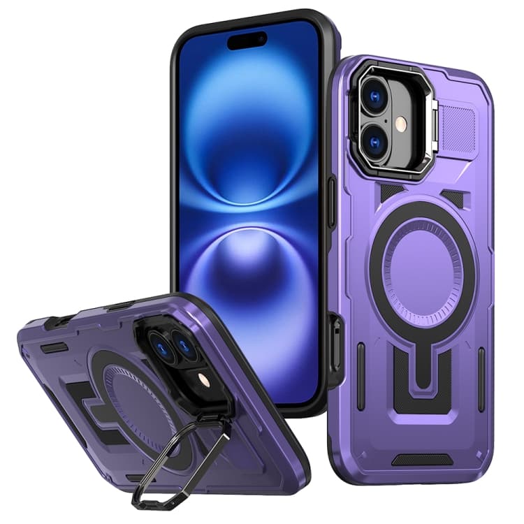 For iPhone 16 Shield Hollow Frame Holder MagSafe Phone Case(Purple) - Immagine 1