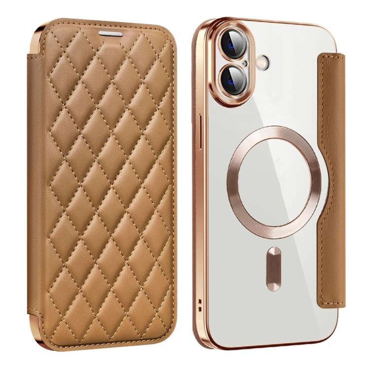 For iPhone 16 Shield Magsafe RFID Anti-theft Rhombus Leather Phone Case(Brown) - Immagine 1