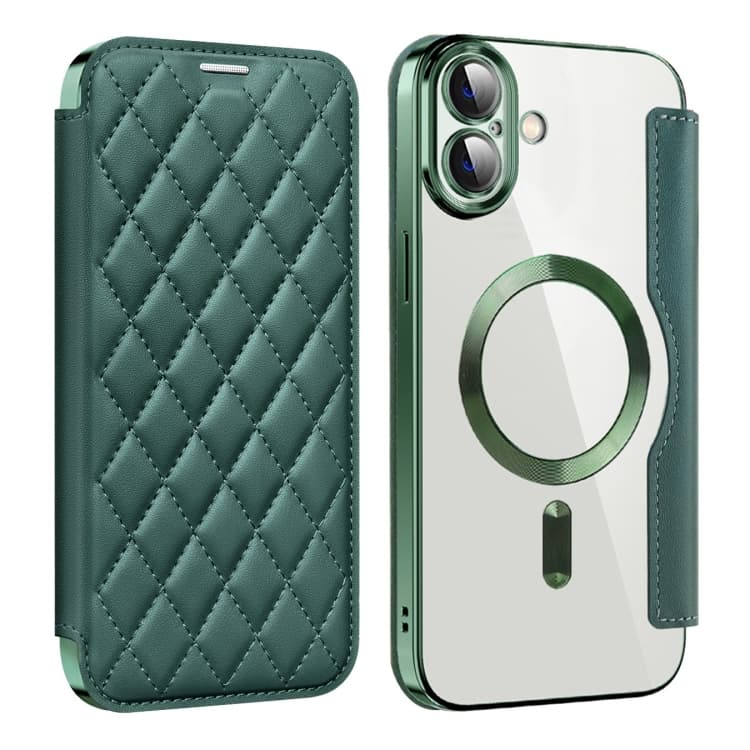 For iPhone 16 Shield Magsafe RFID Anti-theft Rhombus Leather Phone Case(Green) - Immagine 1