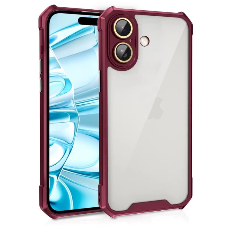 For iPhone 16 Shockproof Acrylic Phone Case with Lens Glass Film(Wine Red) - Immagine 1