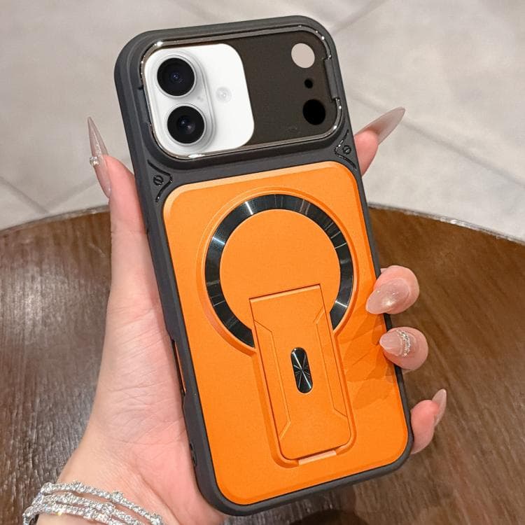 For iPhone 16 Shockproof Lens Cover Magnetic Phone Case with Hidden Holder(Orange) - Immagine 1