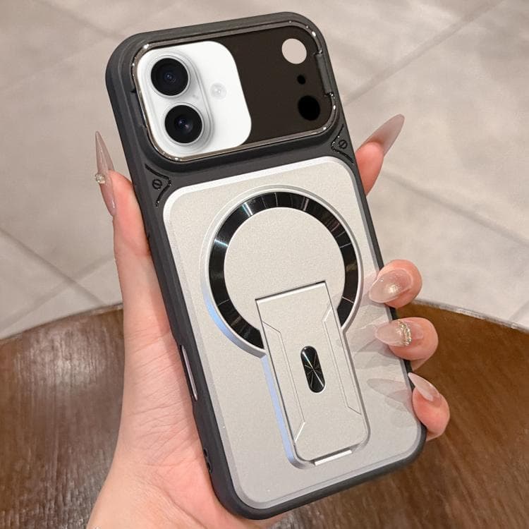 For iPhone 16 Shockproof Lens Cover Magnetic Phone Case with Hidden Holder(Silver) - Immagine 1