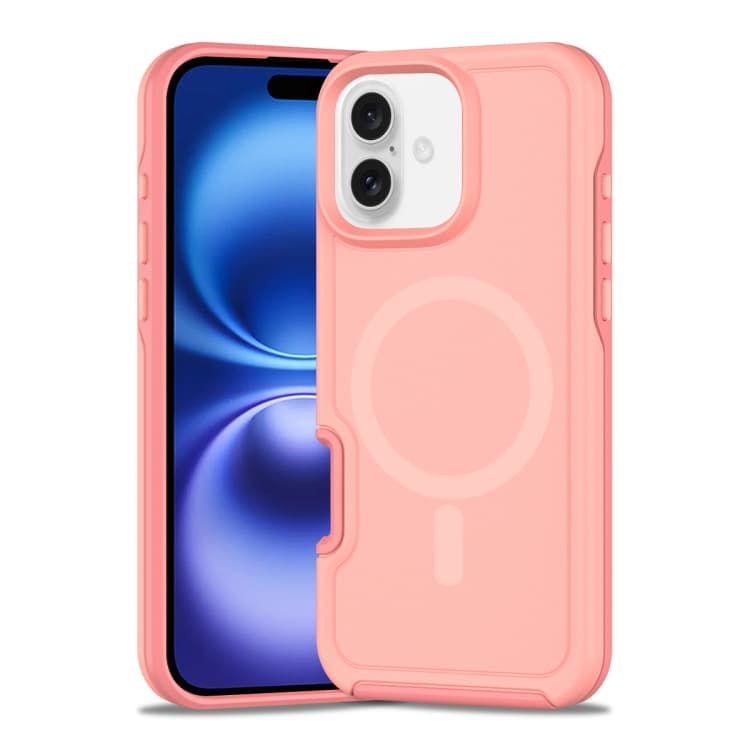 For iPhone 16 Shockproof MagSafe Armor PC Hybrid TPU Phone Case(Light Pink+Coral Red) - Immagine 1