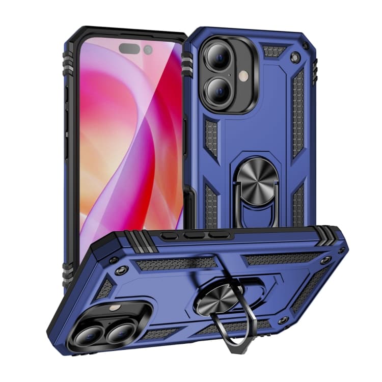 For iPhone 16 Shockproof TPU Hybrid PC Phone Case with Holder(Blue) - Immagine 1