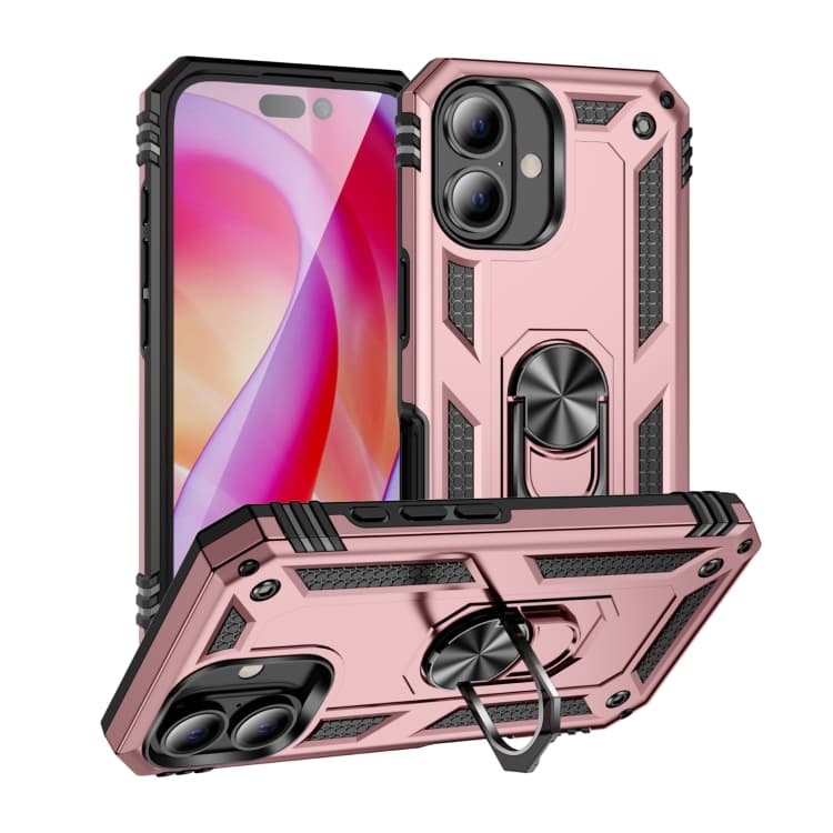 For iPhone 16 Shockproof TPU Hybrid PC Phone Case with Holder(Rose Gold) - Immagine 1