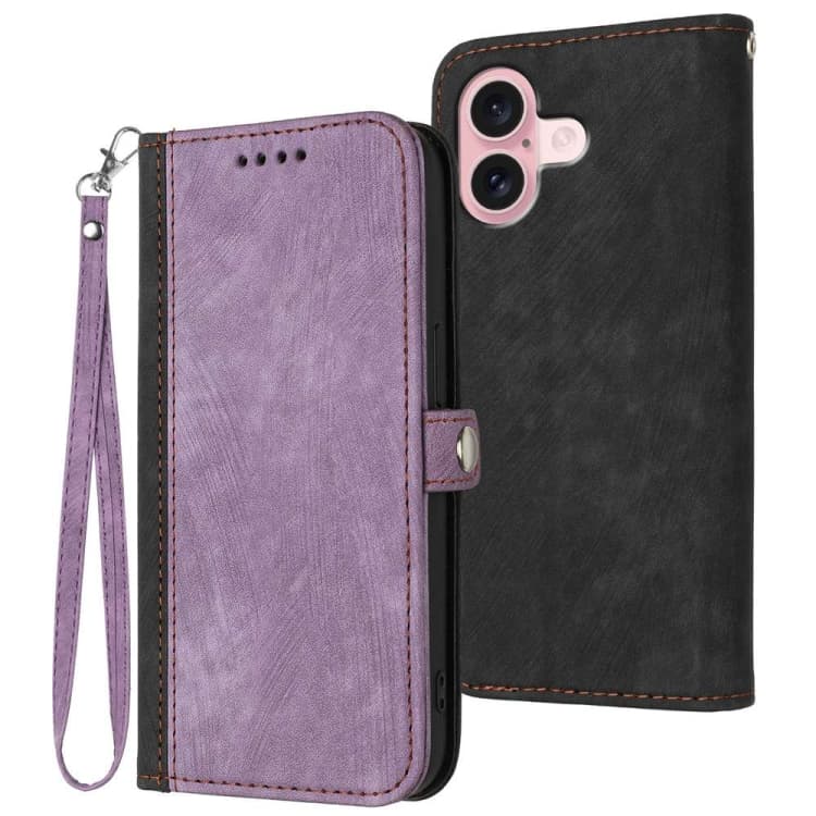 For iPhone 16 Side Buckle Double Fold Hand Strap Leather Phone Case(Purple) - Immagine 1