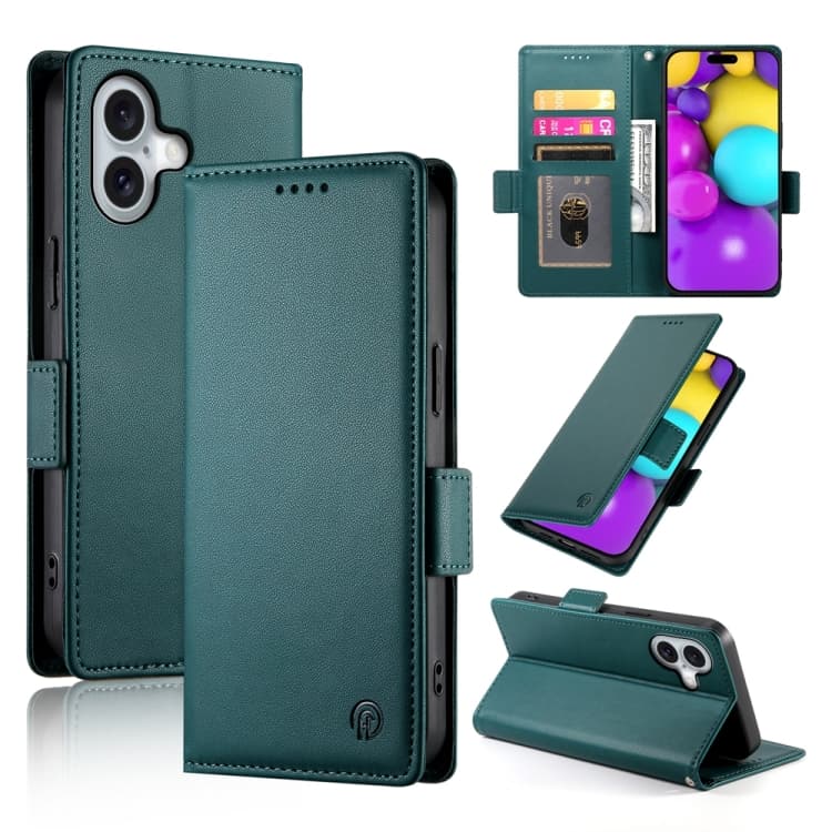 For iPhone 16 Side Buckle Magnetic Frosted Leather Phone Case(Dark Green) - Immagine 1