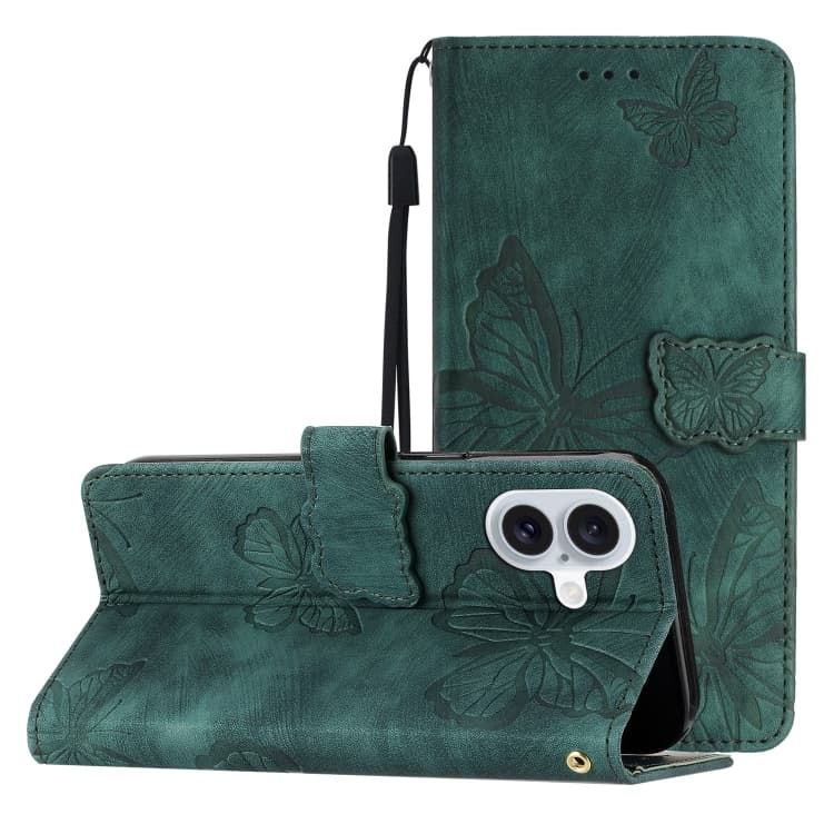 For iPhone 16 Skin-feel Embossed Butterfly Leather Phone Case(Green) - Immagine 1