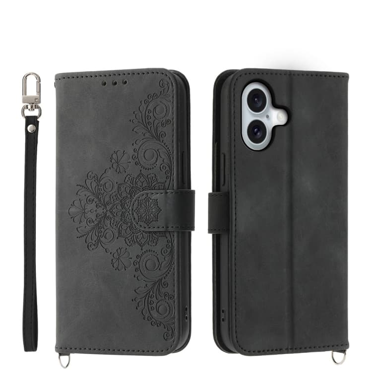 For iPhone 16 Skin-feel Flowers Embossed Wallet Leather Phone Case(Black) - Immagine 1