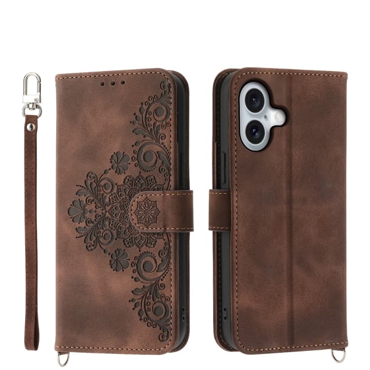 For iPhone 16 Skin-feel Flowers Embossed Wallet Leather Phone Case(Brown) - Immagine 1