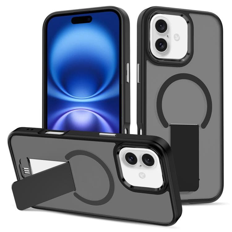 For iPhone 16 Skin Feel Invisible Kickstand MagSafe Phone Case(Black) - Immagine 1