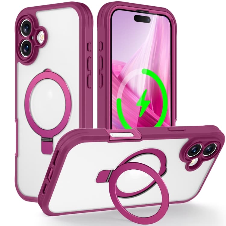For iPhone 16 Skin Feel MagSafe Holder 360 Full Body Phone Case(Rose Red) - Immagine 1