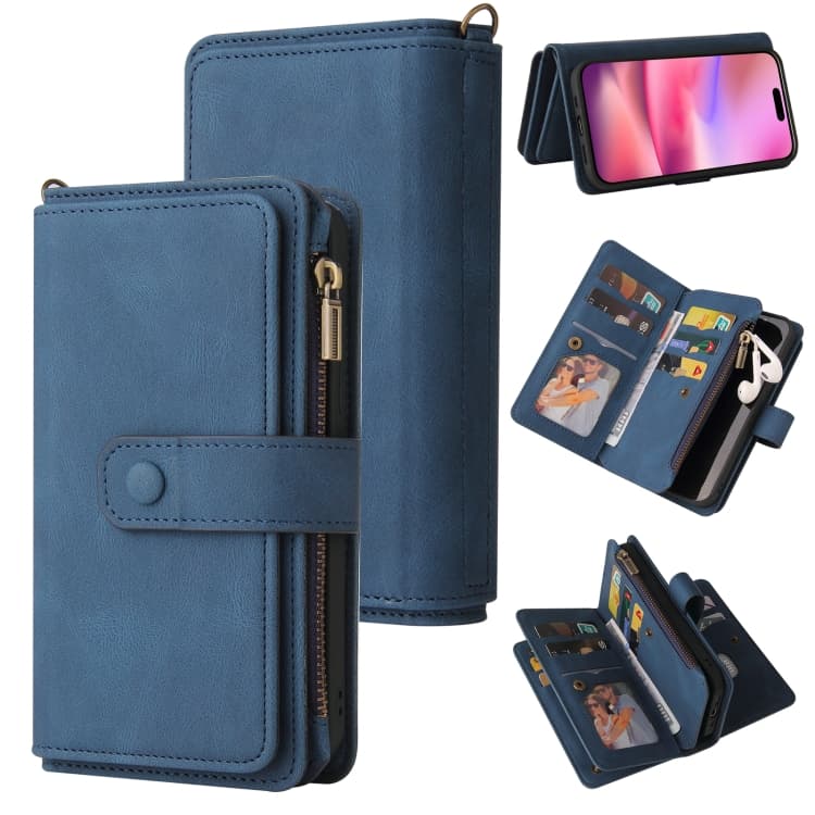 For iPhone 16 Skin Feel Multi Card Slots Zipper Wallet Leather Phone Case(Blue) - Immagine 1