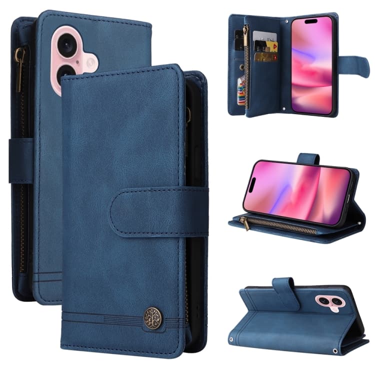 For iPhone 16 Skin Feel Multi-Card Wallet Zipper Leather Phone Case(Blue) - Immagine 1