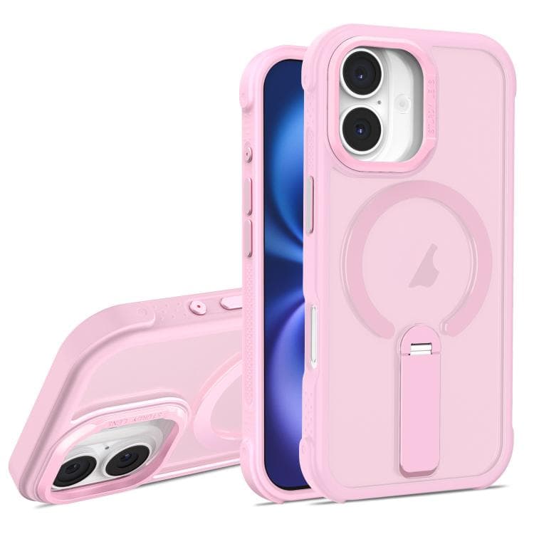 For iPhone 16 Skin Feel PC TPU Hybrid Fold Holder Magnetic Phone Case(Pink) - Immagine 1