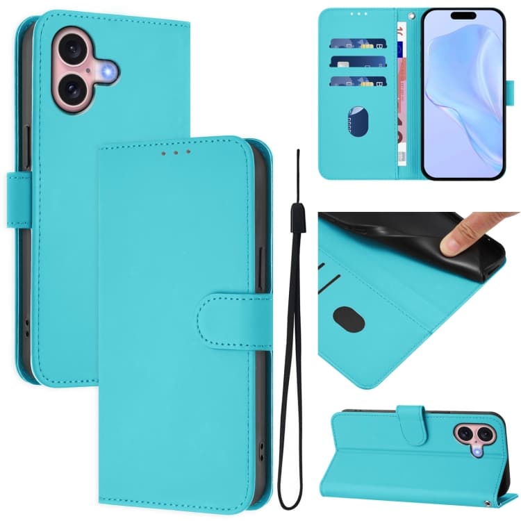 For iPhone 16 Skin Feel Solid Color Leather Phone Case with Lanyard(Lake Blue) - Immagine 1