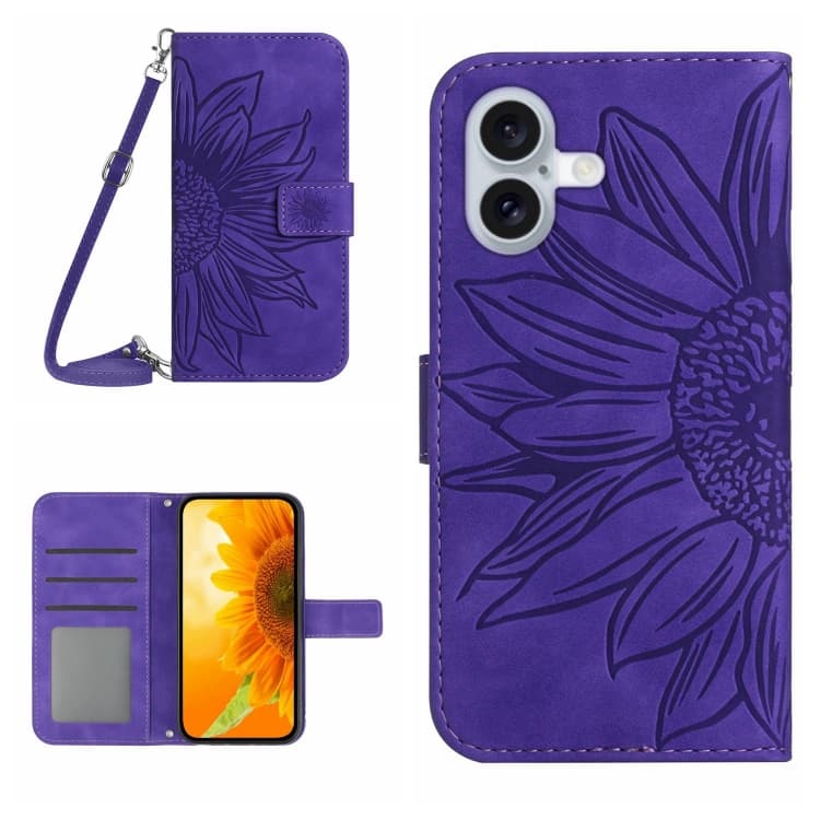 Per iPhone 16 Custodia in Pelle con Fiore di Girasole in Rilievo e Cordino (Viola Scuro) - Immagine 1
