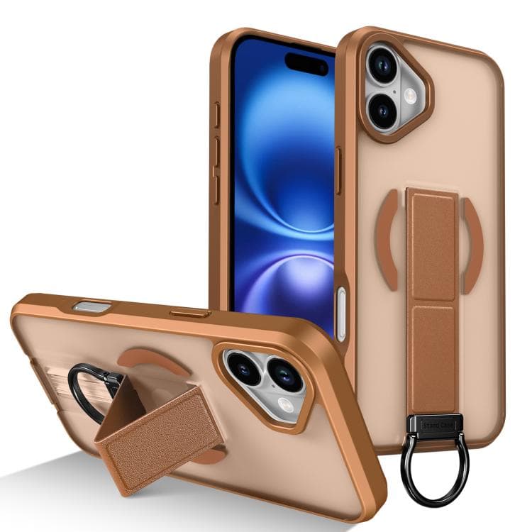 For iPhone 16 Skin-Friendly D-Ring Holder Magnetic Shockproof Phone Case(Khaki) - Immagine 1