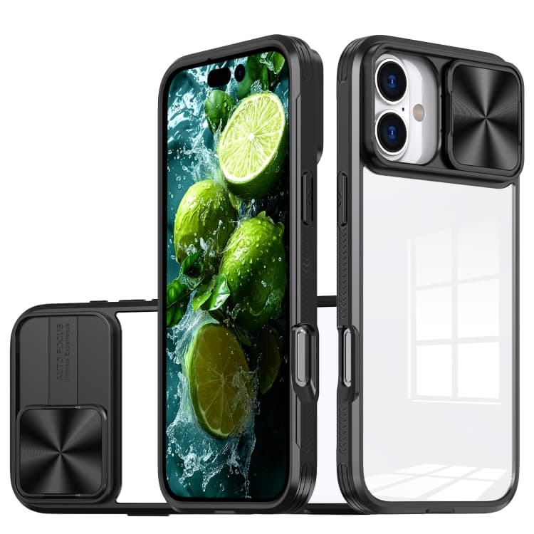 For iPhone 16 Sliding Camshield Acrylic Hybrid TPU Phone Case(Black) - Immagine 1