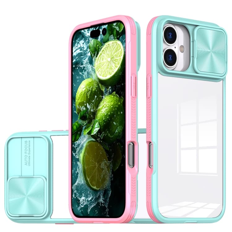 For iPhone 16 Sliding Camshield Acrylic Hybrid TPU Phone Case(Blue Pink) - Immagine 1