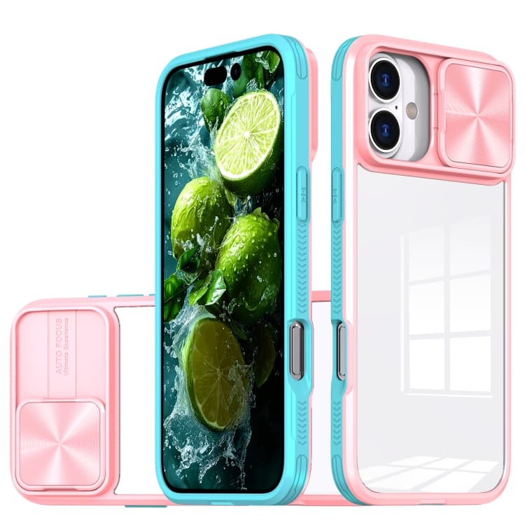 For iPhone 16 Sliding Camshield Acrylic Hybrid TPU Phone Case(Pink Cyan) - Immagine 1