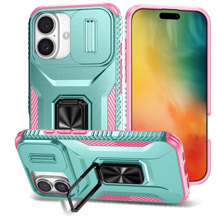 For iPhone 16 Sliding Camshield Holder Phone Case(Grey Green + Pink) - Immagine 1