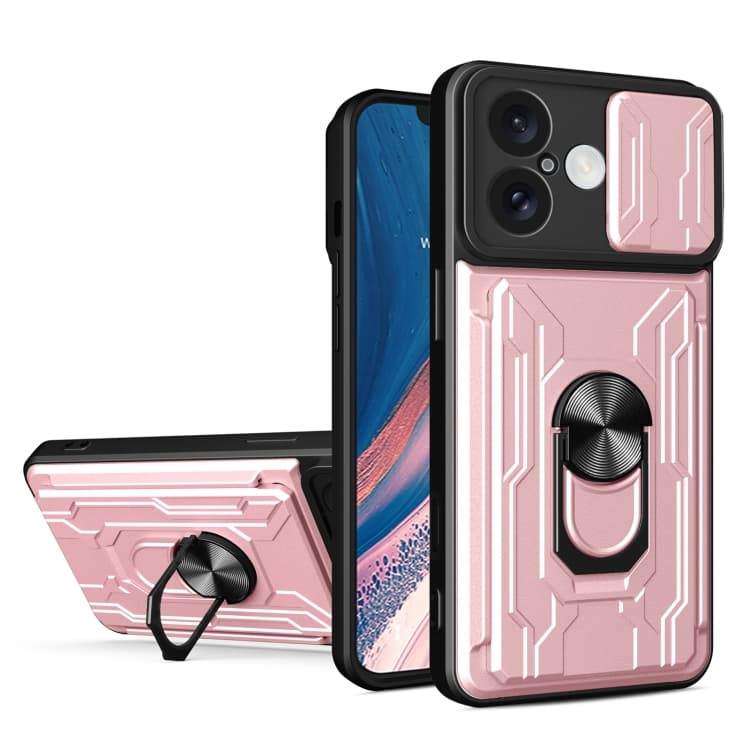 For iPhone 16 Sliding Camshield TPU+PC Phone Case with Card Slot(Rose Gold) - Immagine 1