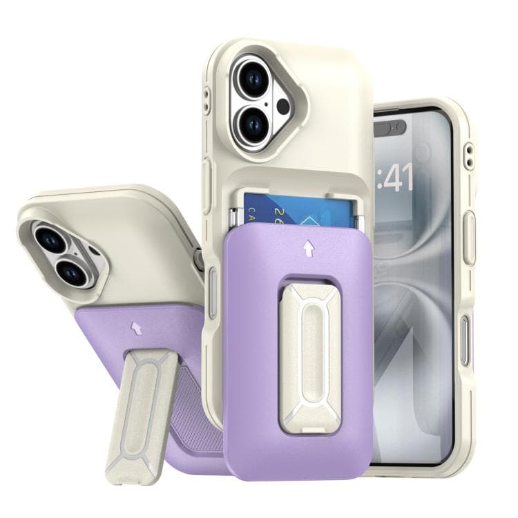For iPhone 16 Sliding Card Holder Integrated Phone Case with Kickstand(Beige Purple) - Immagine 1