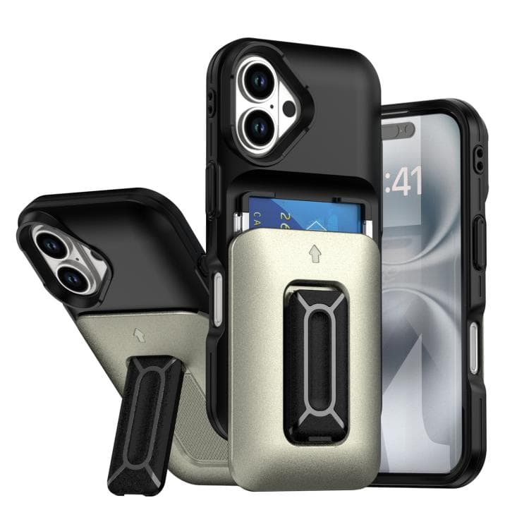 For iPhone 16 Sliding Card Holder Integrated Phone Case with Kickstand(Black Gold) - Immagine 1