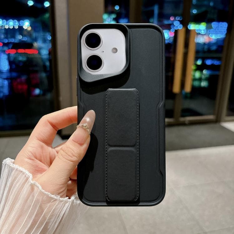 For iPhone 16 Slim Waist Design Soft TPU Shockproof Phone Case with Fold Holder(Black) - Immagine 1