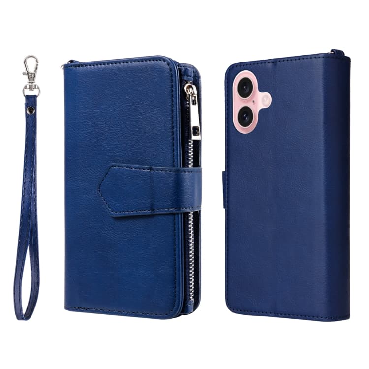 For iPhone 16 Solid Color 2 in 1 Zipper Shockproof Phone Case(Blue) - Immagine 1