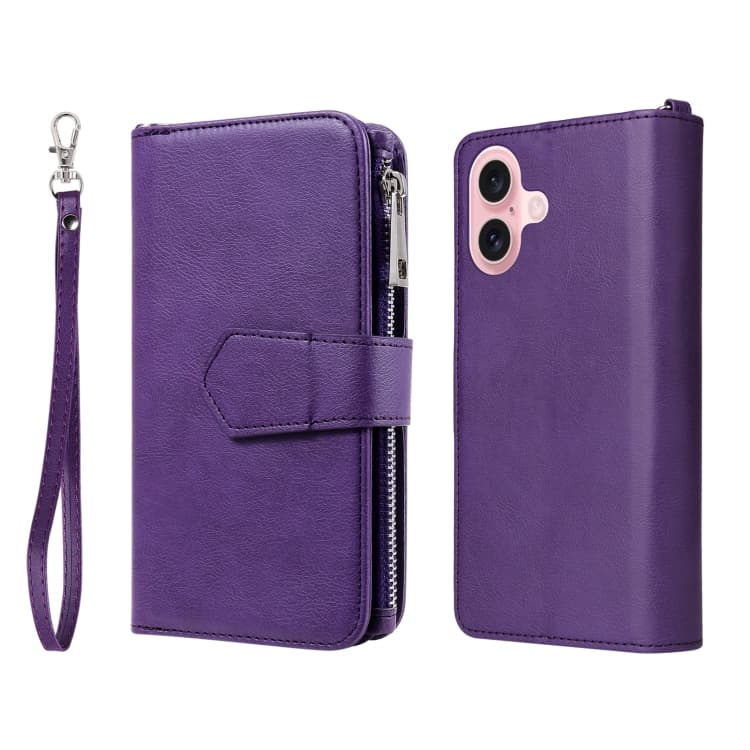 For iPhone 16 Solid Color 2 in 1 Zipper Shockproof Phone Case(Purple) - Immagine 1