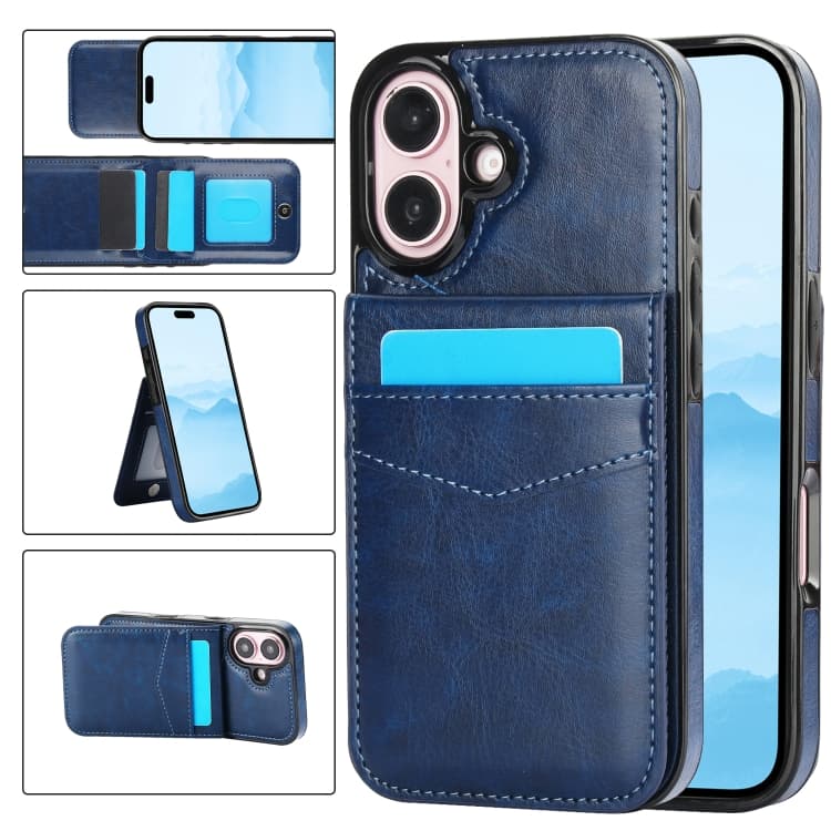 For iPhone 16 Solid Color Card Slots Bracket PU Phone Case(Blue) - Immagine 1