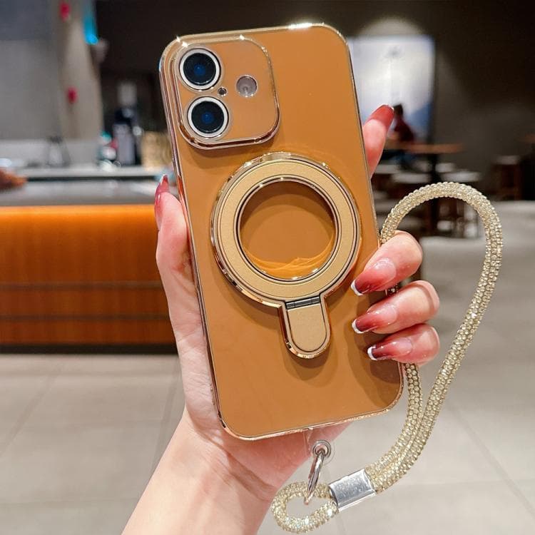 For iPhone 16 Solid Color Electroplated Metal Holder Phone Case with Lanyard(Brown) - Immagine 1