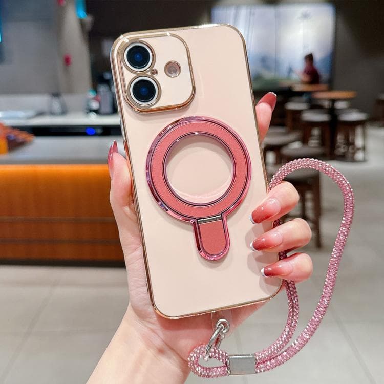 For iPhone 16 Solid Color Electroplated Metal Holder Phone Case with Lanyard(Rose Pink) - Immagine 1