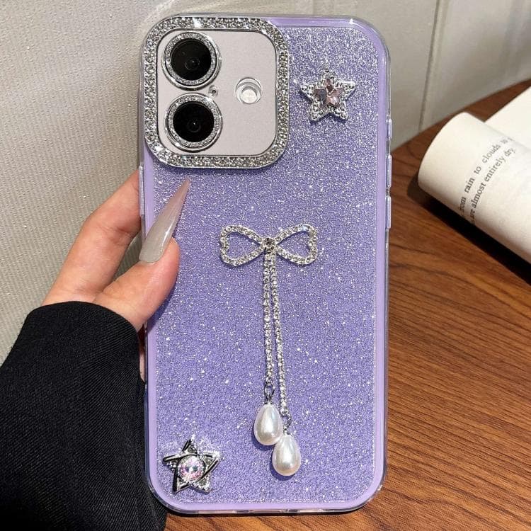 For iPhone 16 Solid Color Glitter Powder Rhinestone Tassel Phone Case(Purple) - Immagine 1