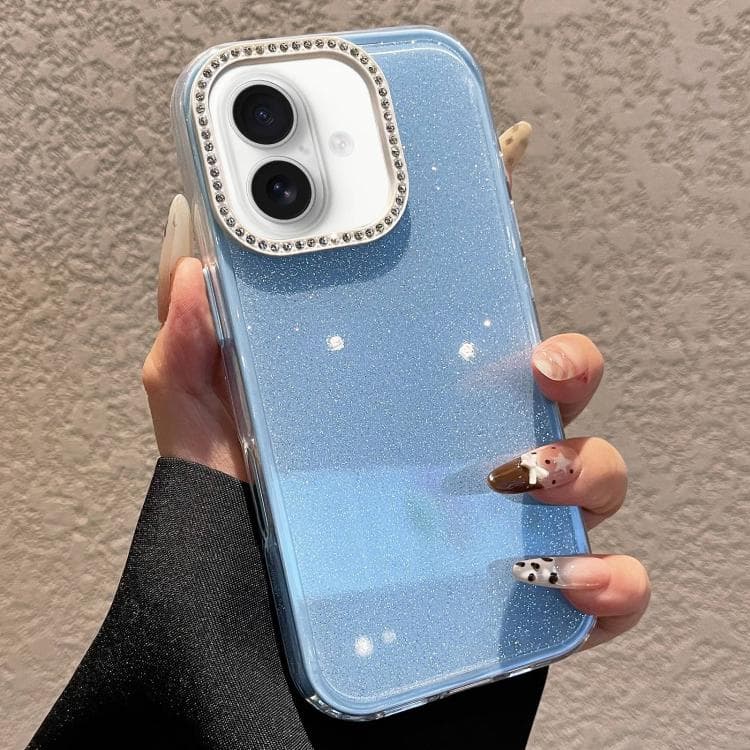 For iPhone 16 Solid Color Glitter & Rhinestone Design Phone Case(Blue) - Immagine 1