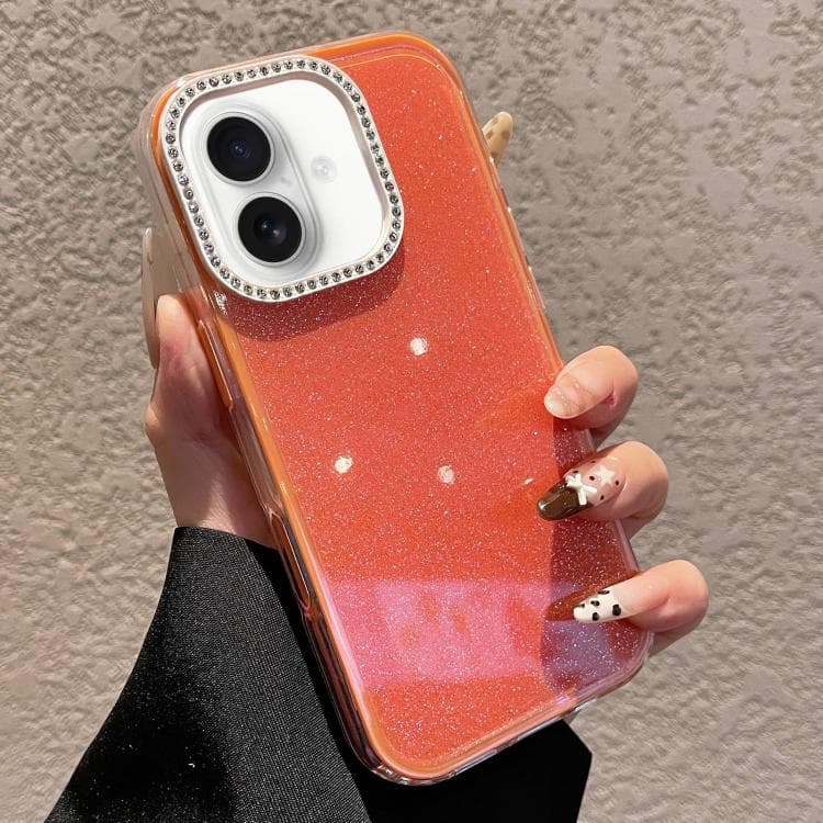 For iPhone 16 Solid Color Glitter & Rhinestone Design Phone Case(Orange) - Immagine 1