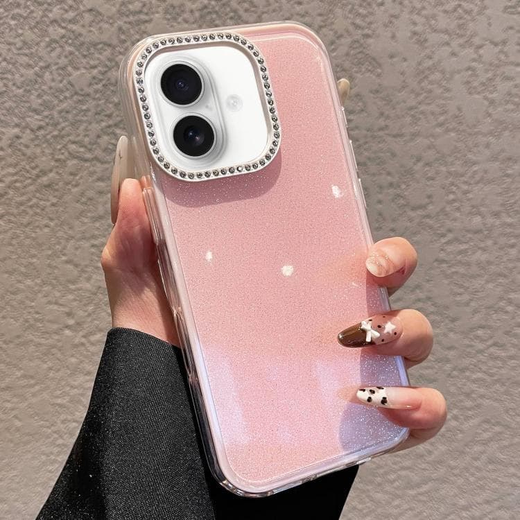 For iPhone 16 Solid Color Glitter & Rhinestone Design Phone Case(Pink) - Immagine 1