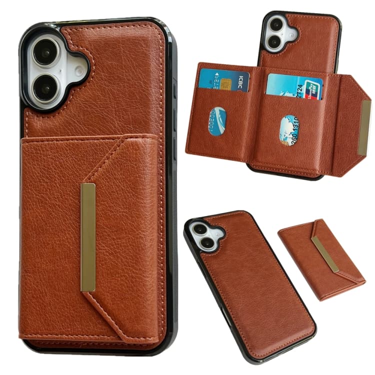 For iPhone 16 Solid Color Metal Buckle Card Slots Bag Phone Case(Brown) - Immagine 1