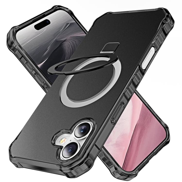 For iPhone 16 Solid Color Wave MagSafe Holder Phone Case(Black) - Immagine 1