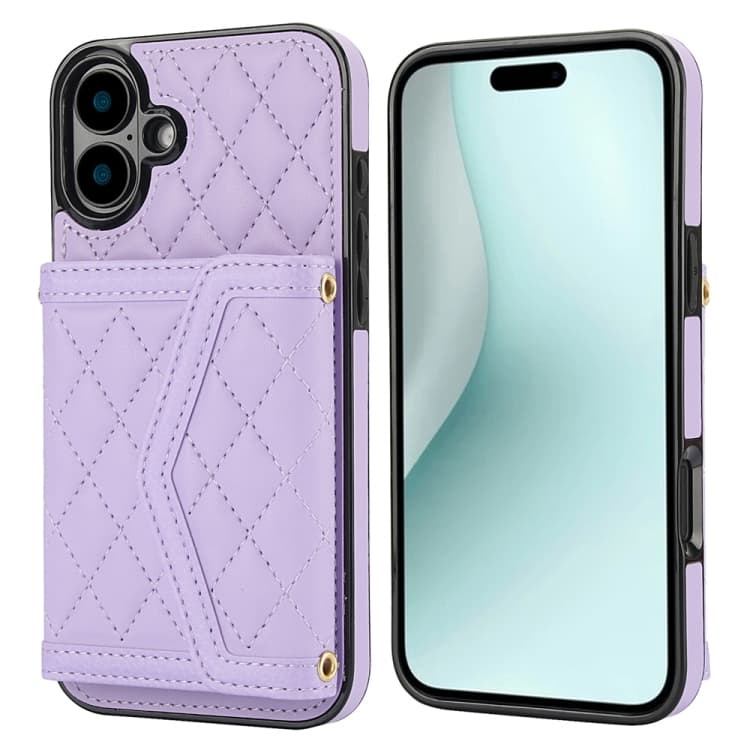 For iPhone 16 Splicing Rhombic Texture Card Bag Phone Case with Long Lanyard(Purple) - Immagine 1