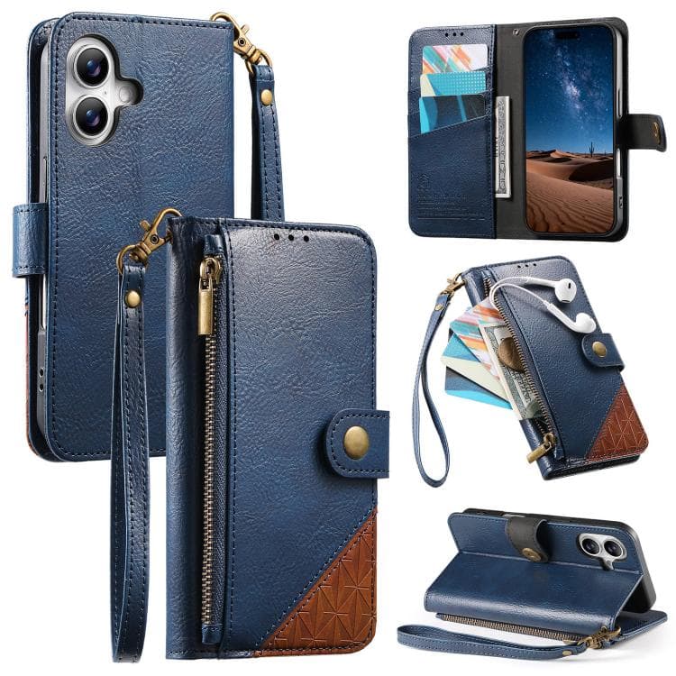 For iPhone 16 Splicing Zipper Wallet Vegan Leather Phone Case with Strap(Blue) - Immagine 1
