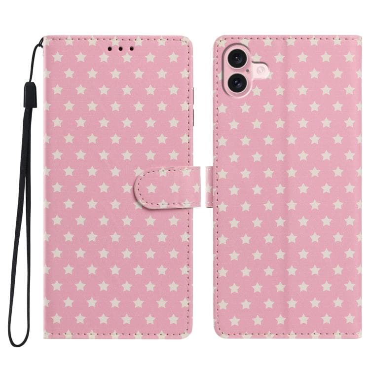 For iPhone 16 Star Pattern Magnetic Buckle Vegan Leather Phone Case with Wrist Strap(Pink) - Immagine 1
