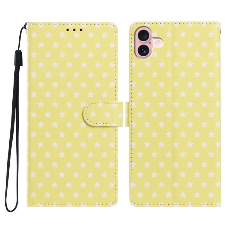 For iPhone 16 Star Pattern Magnetic Buckle Vegan Leather Phone Case with Wrist Strap(Yellow) - Immagine 1